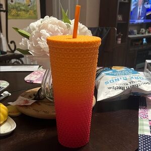 New Mainstays Red and Orange Textured Tumbler with Straw